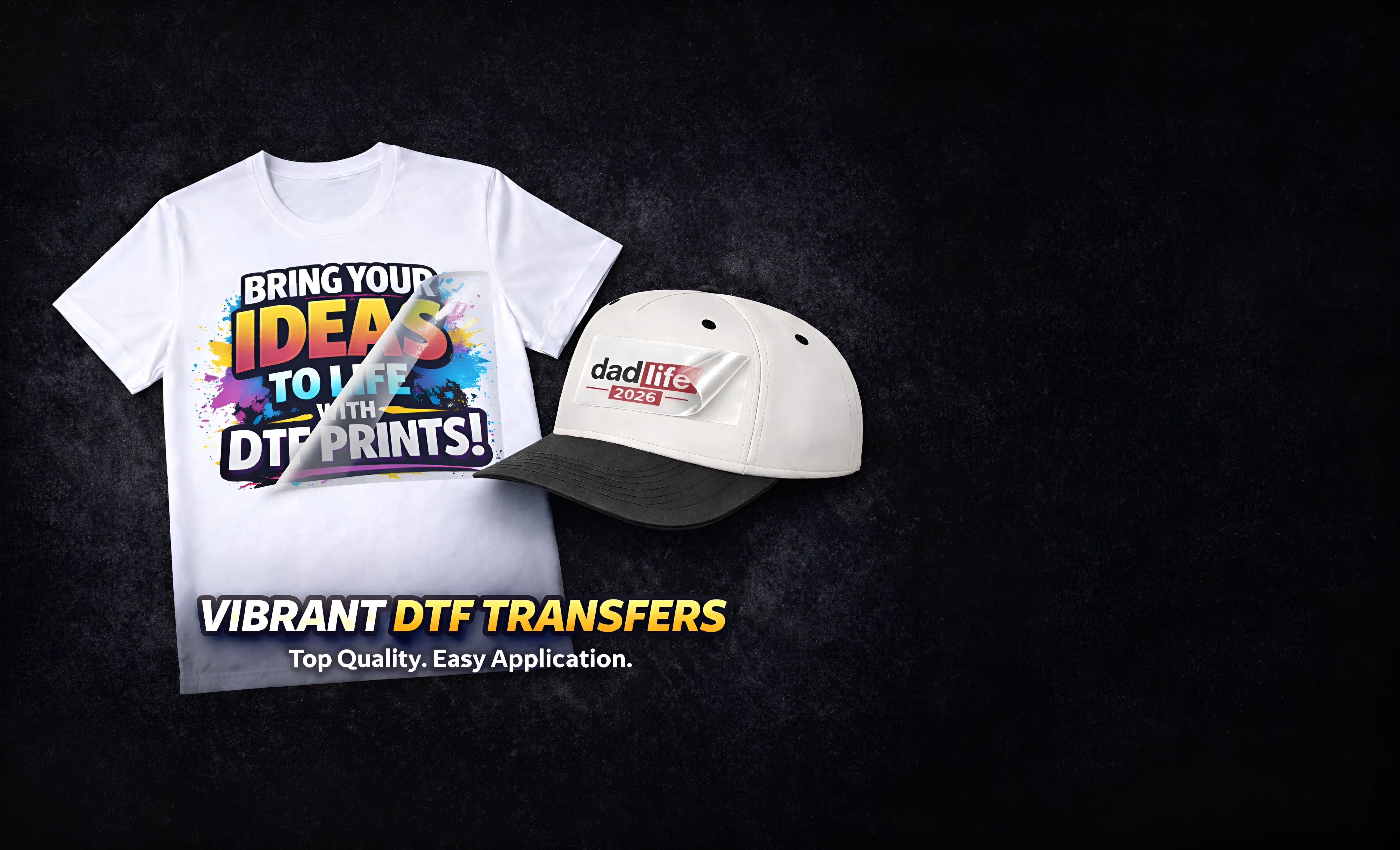 Custom colorful DTF transfers being peeled from a shirt and hat.